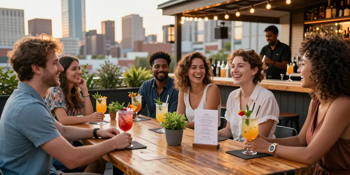 best chuflay cocktail near me in a vibrant outdoor terrace scene with friends enjoying colorful drinks