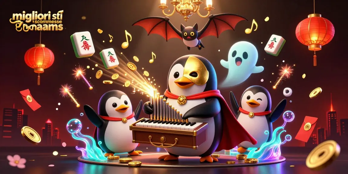Migliori siti di scommesse non AAMS con un pinguino fantasma mentre gioca a un organo d'oro che lancia monete, circondato da lanterni e fuochi d'artificio.