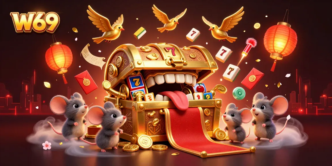 Engage with W69's vibrant slot machines surrounded by golden treasures and adventurous characters ready for a win.