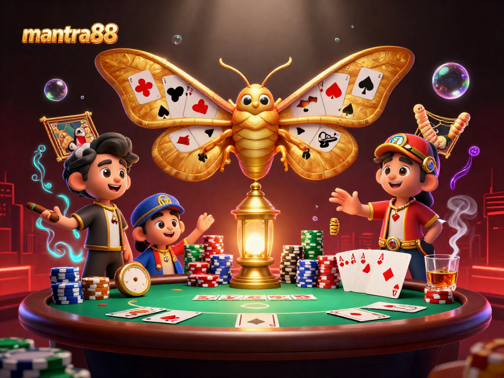 Experience wins at mantra88 with engaging casino scenes featuring a majestic moth and vibrant game elements.