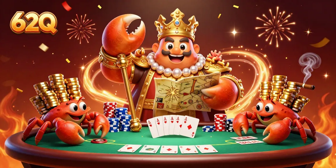 Aposte com 62Q e seja premiado em um emocionante cenário de cassino com um imperador caranguejo e fichas de ouro.