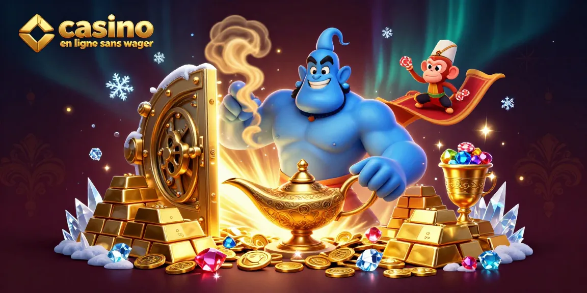 Illustration d'un casino en ligne sans wager avec un génie, un singe et un tapis volant.