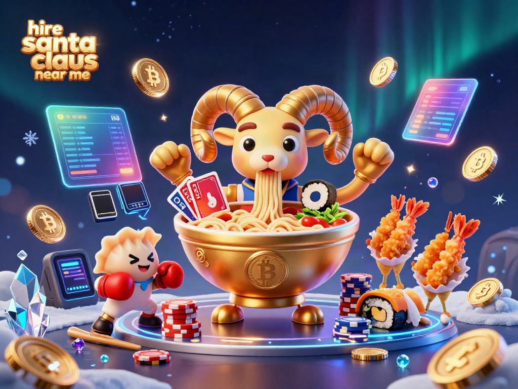 Engage in festive fun with a vibrant casino-themed illustration showcasing a giant ramen bowl and Santa elements for hire.