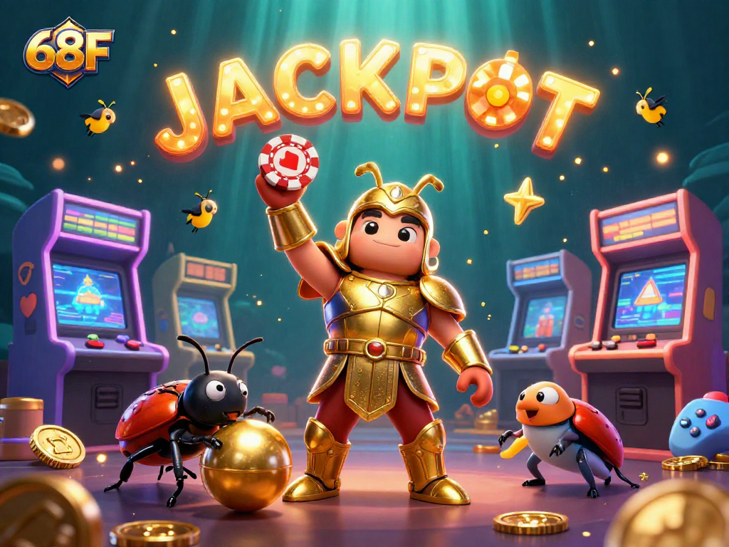 O 68F celebra um jackpot em um cassino com personagens divertidos e vibrantes.