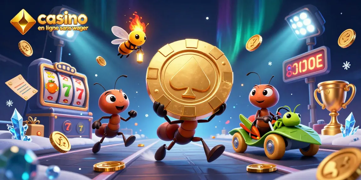 Animations de jeu captivantes avec casino en ligne sans wager, mettant en scène des fourmis et des éléments de machines à sous.