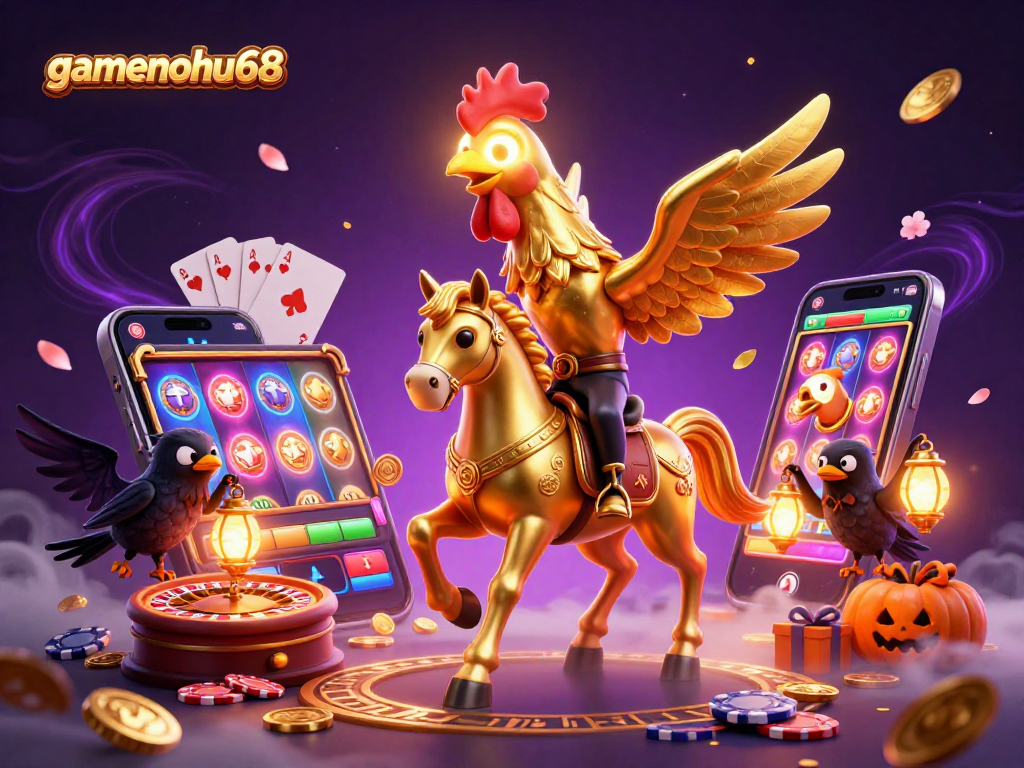 gamenohu68 showcases an engaging casino scene featuring a golden rooster riding a spectral horse amid dazzling gaming elements.