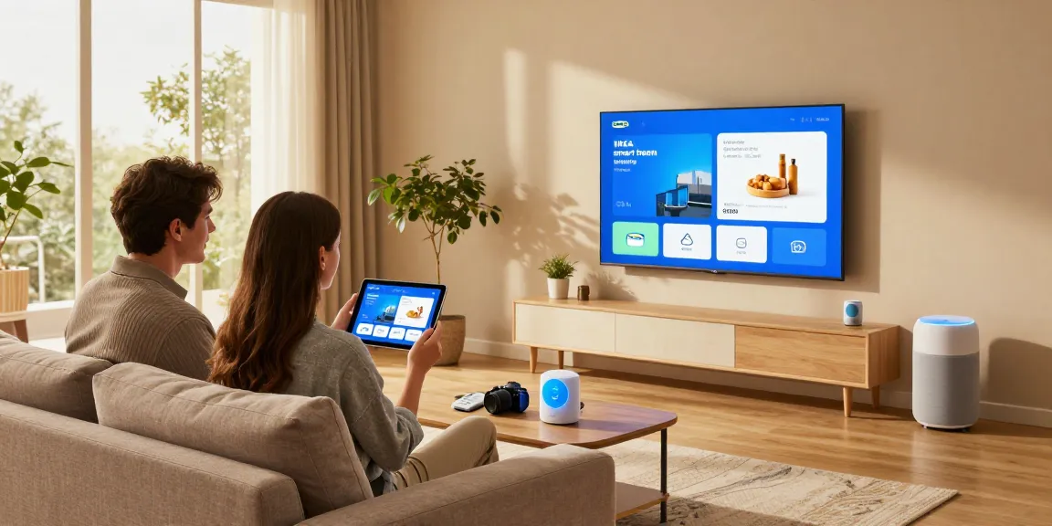 Engaging living room scene demonstrating IKEA smart home technology integration, highlighting cozy atmosphere with smart gadgets.