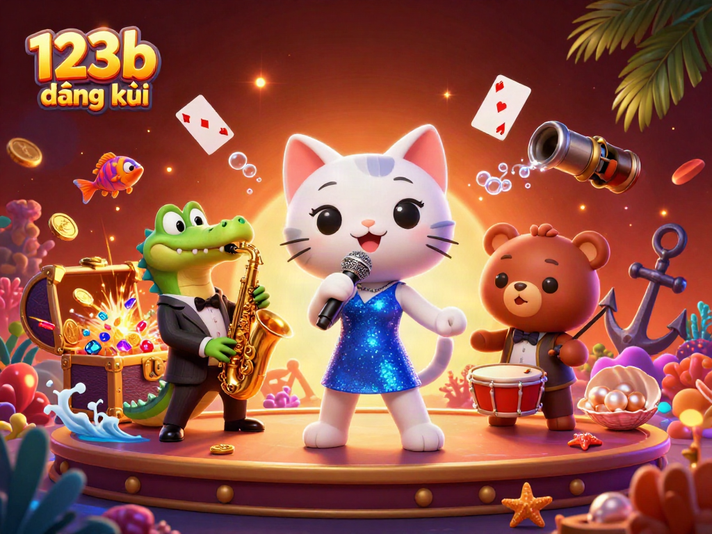 Engage in thrilling gaming at 123b đăng ký with a lively casino atmosphere embodied by animated characters.
