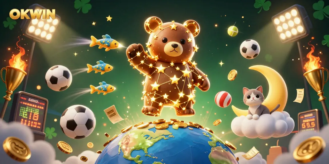 OKWIN's dynamic gaming atmosphere with golden stars, sports balls, and vibrant casino elements