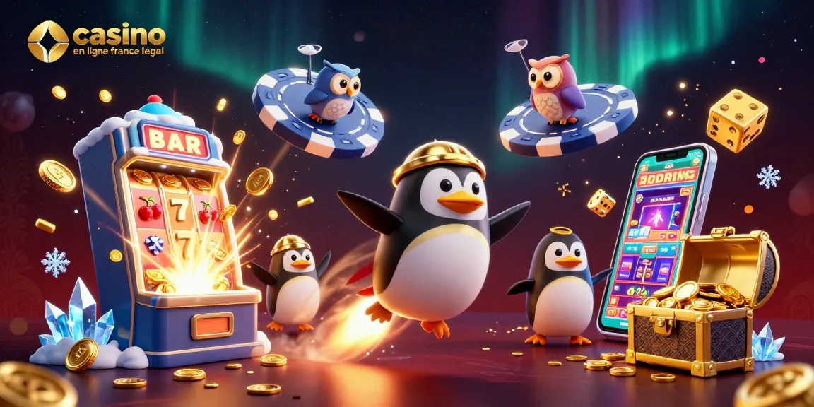 Explorez le monde du casino en ligne france légal avec un pingouin doré en fusée, des machines à sous et des trésors.