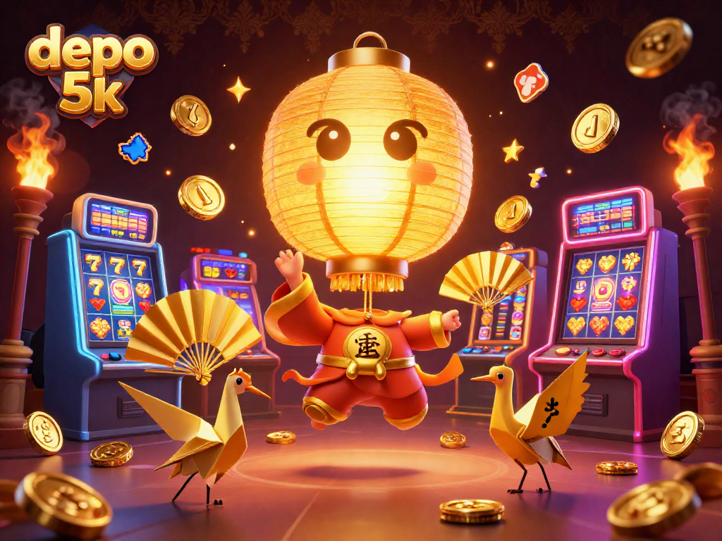 Experience the excitement of depo 5k with vibrant casino slots and glowing spirits in a mystical scene.