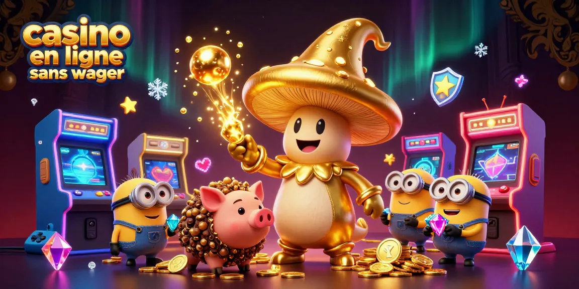 Visualiser le monde magique du casino en ligne sans wager avec un champignon doré et des trésors scintillants.