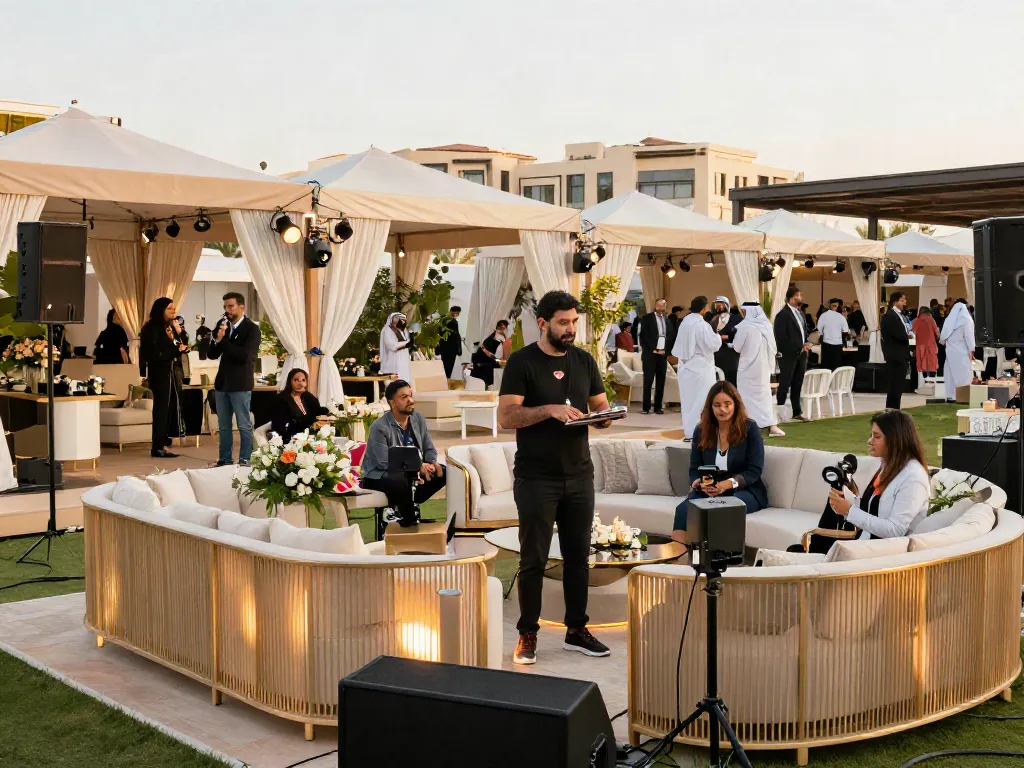 Event rentals setup featuring elegant marquees and luxury furnishings at an outdoor venue.