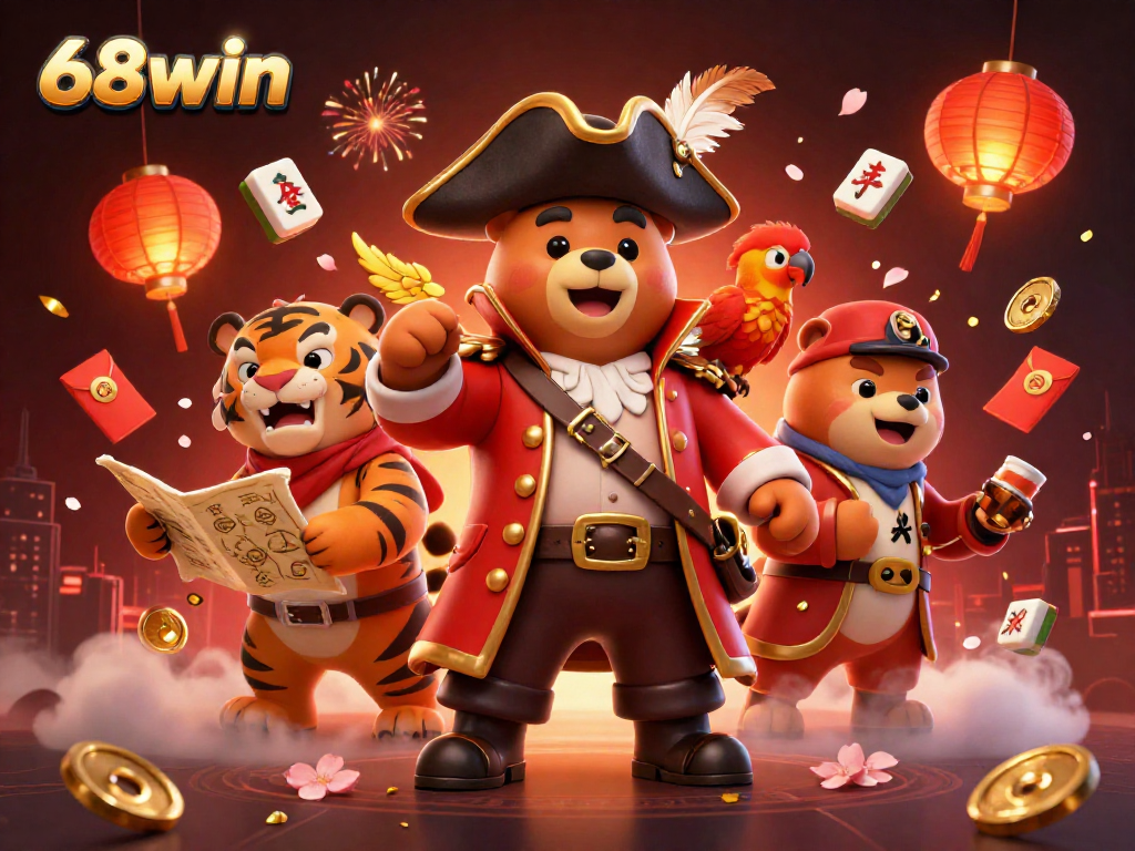 Experience the excitement of 68win with alluring pirate-themed casino elements in this vibrant 3D illustration.