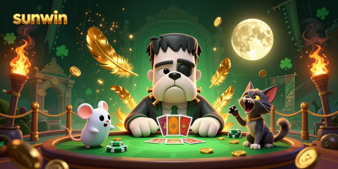 Experience the thrills at sunwin with a spooky casino scene featuring a card-dealing bulldog and a ghostly mouse.