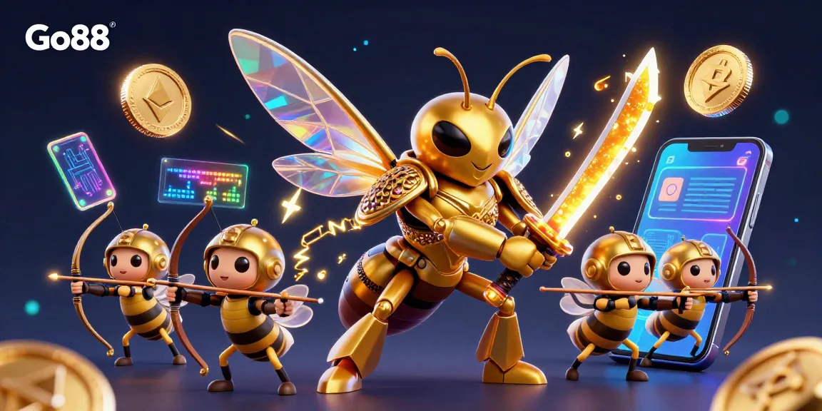 Engage with Go88's thrilling gaming atmosphere featuring a unique samurai hornet and digital elements.