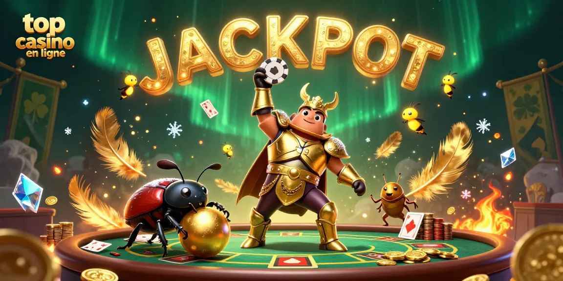 Scène dynamique de casino avec une coccinelle en armure dorée soulevant un jeton de poker, symbolisant le top casino en ligne.