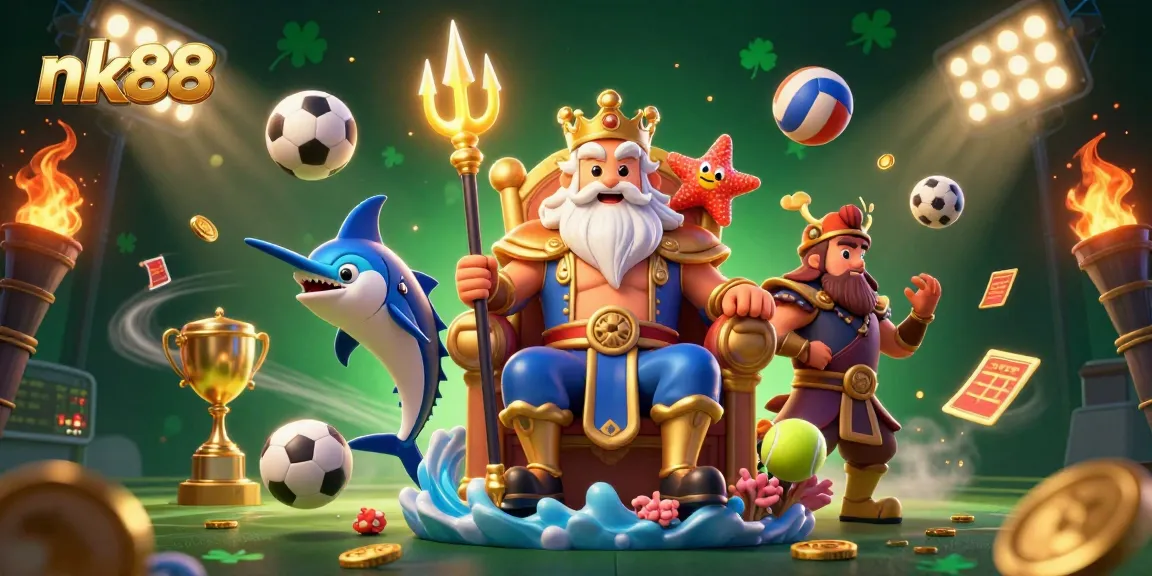 Experience thrilling wins at nk88 with a dynamic casino scene featuring Neptune and sports elements.