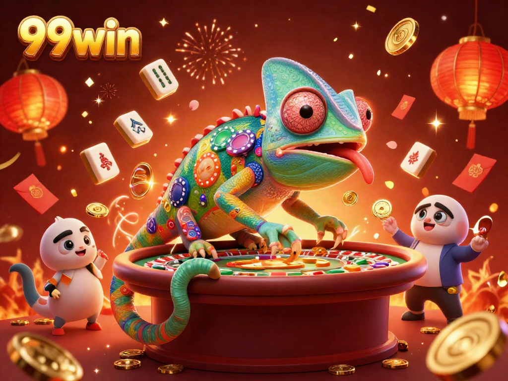 Engage with 99win's vibrant casino experience featuring a chameleon owner amidst celebratory elements.