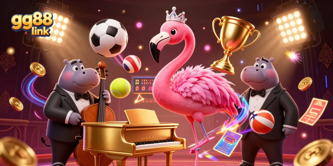 Win big with gg88 link, featuring a vibrant casino scene with characters and sports elements.