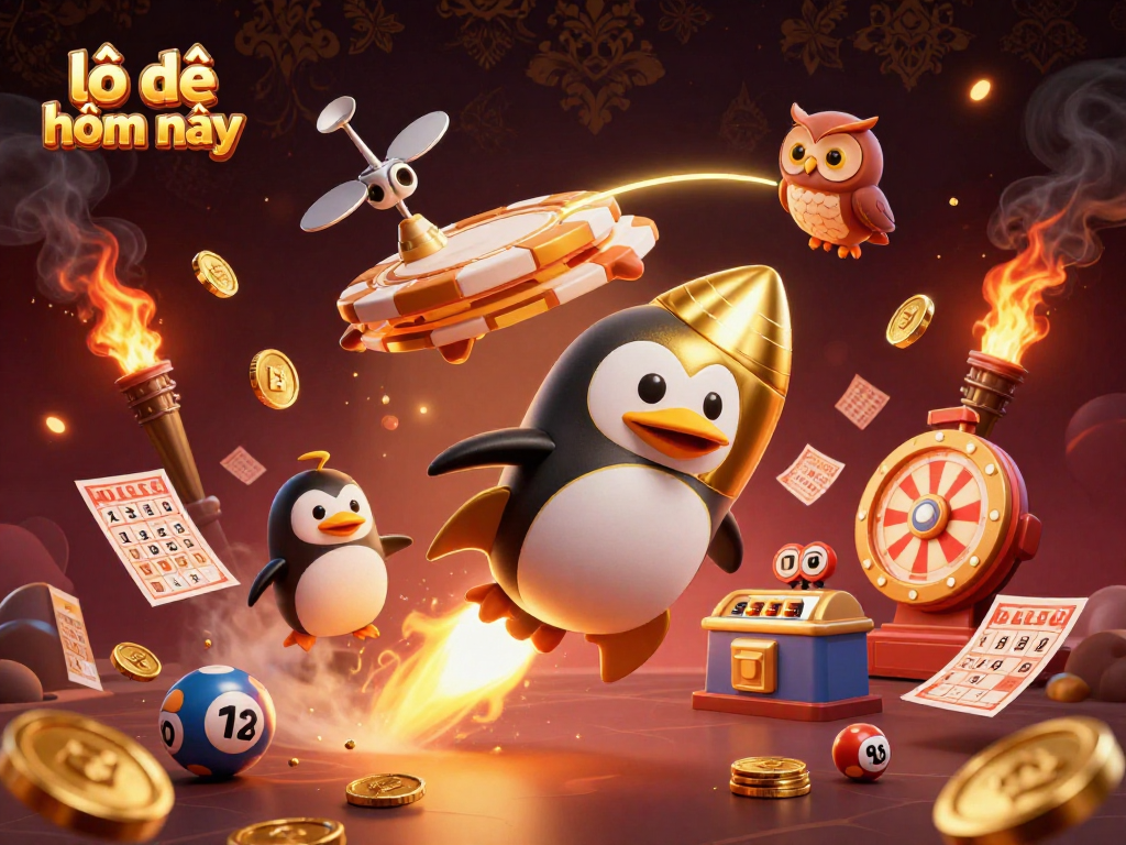 Win big with lô đề hôm nay - a dynamic scene of a golden penguin and lottery elements in space.
