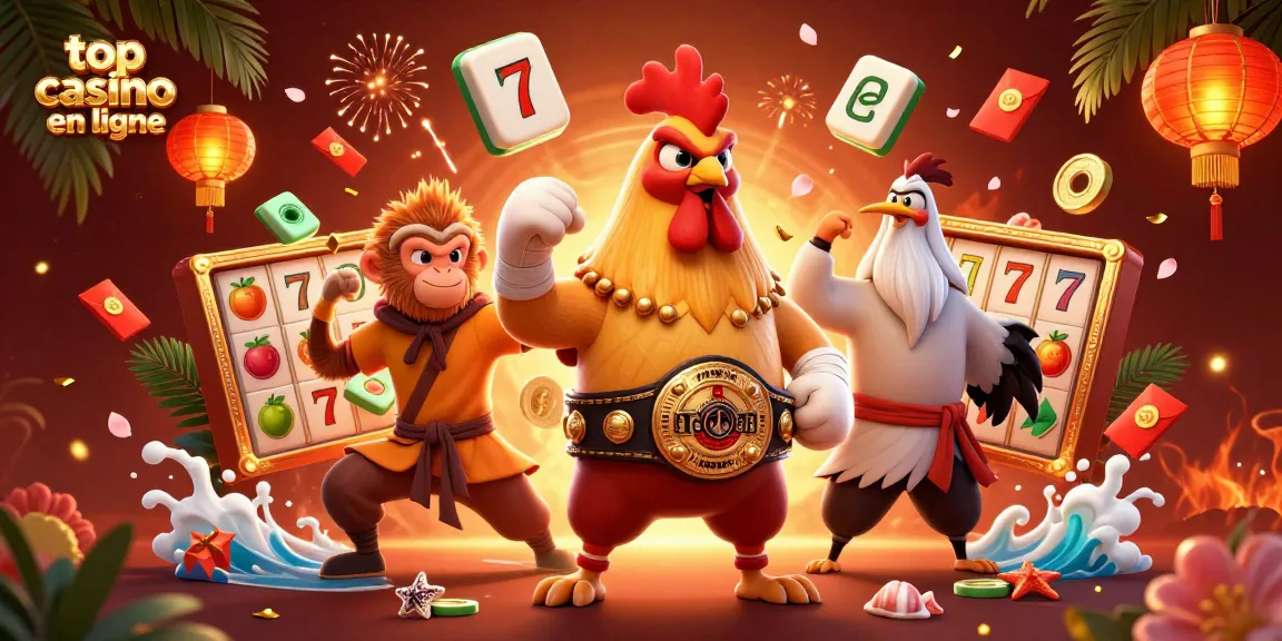 Jouez dans le top casino en ligne avec un coq Muay Thai, un singe Shaolin et une grue sage entourés de riches éléments de jeu.