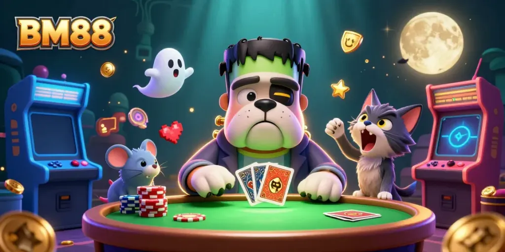 Experience the thrill of BM88 as a bulldog monster deals cards at a spooky casino table.