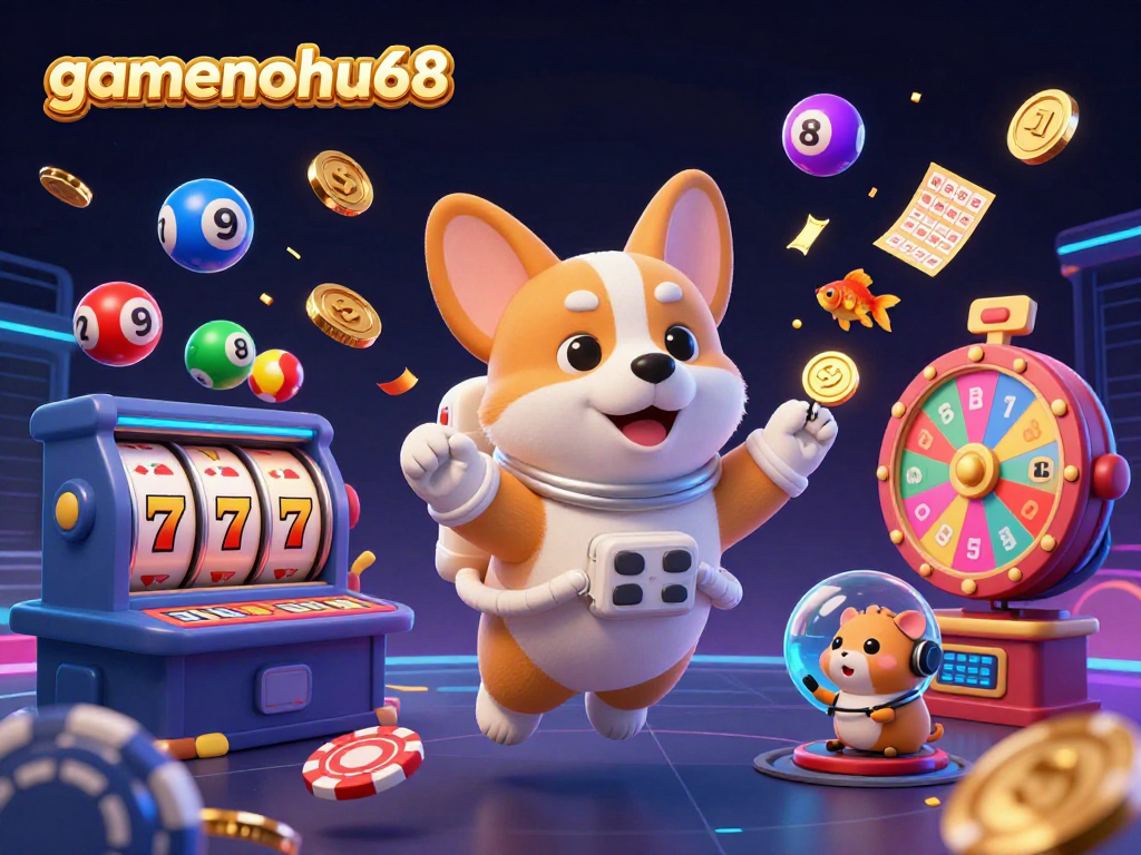 Win big with gamenohu68 in an exciting 3D cartoon casino scene filled with playful characters and vibrant gaming elements.