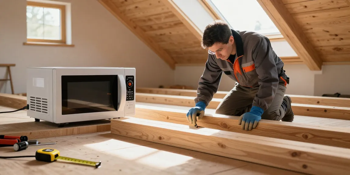 Shashel microwave treatment eliminating woodworms in a bright attic, showcasing chemical-free wood protection.