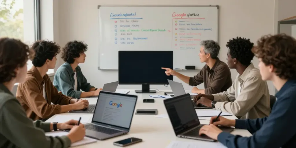 A collaborative meeting discussing rokok88 and Google algorithm updates in a modern workspace.