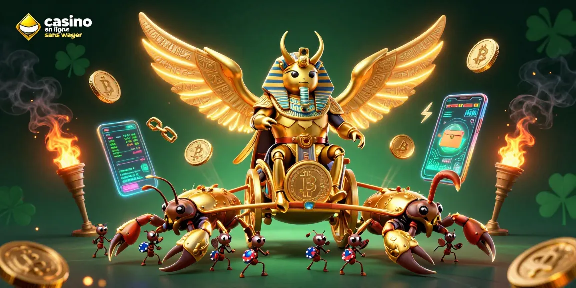 Jouer au casino en ligne sans wager avec un scarabée doré, des scorpions et des jetons de poker.