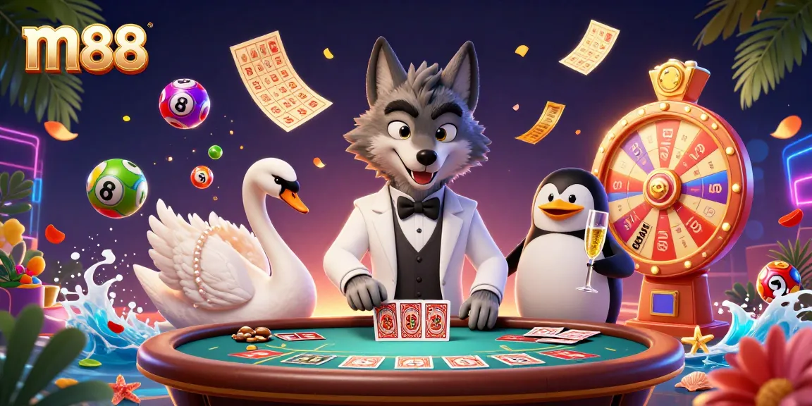 Engage in thrilling games with m88, as a wolf, swan, and penguin showcase exciting casino activities.