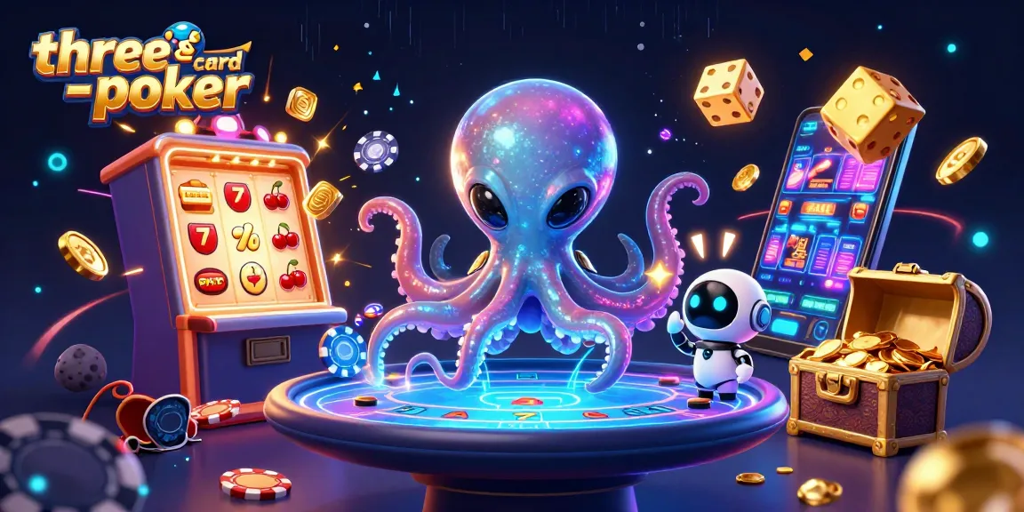 Engage in three-card-poker with an exciting scene of alien characters and casino game elements.