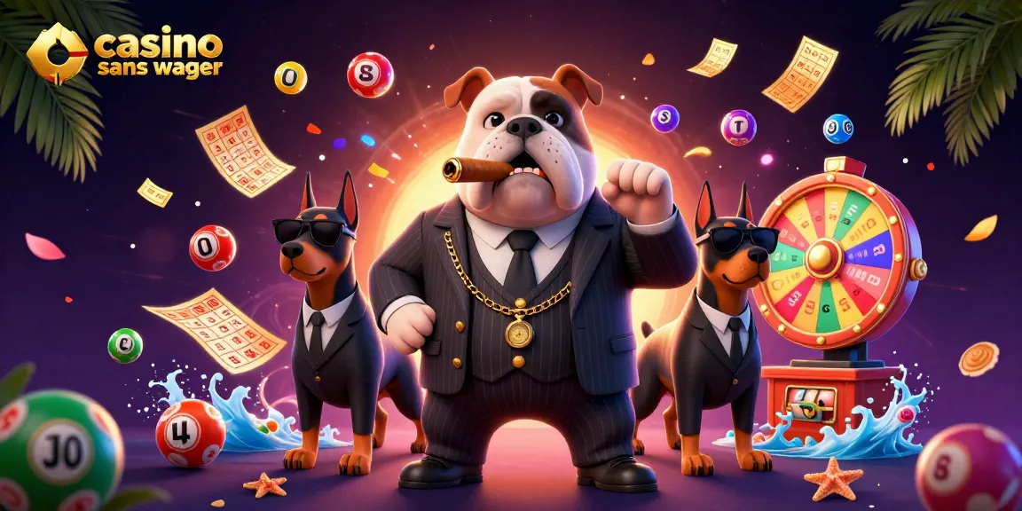 Illustration dynamique sur le thème de casino en ligne sans wager, présentant un bulldog mafieux en costume entouré de ballons de loterie colorés et d'effets de gain.