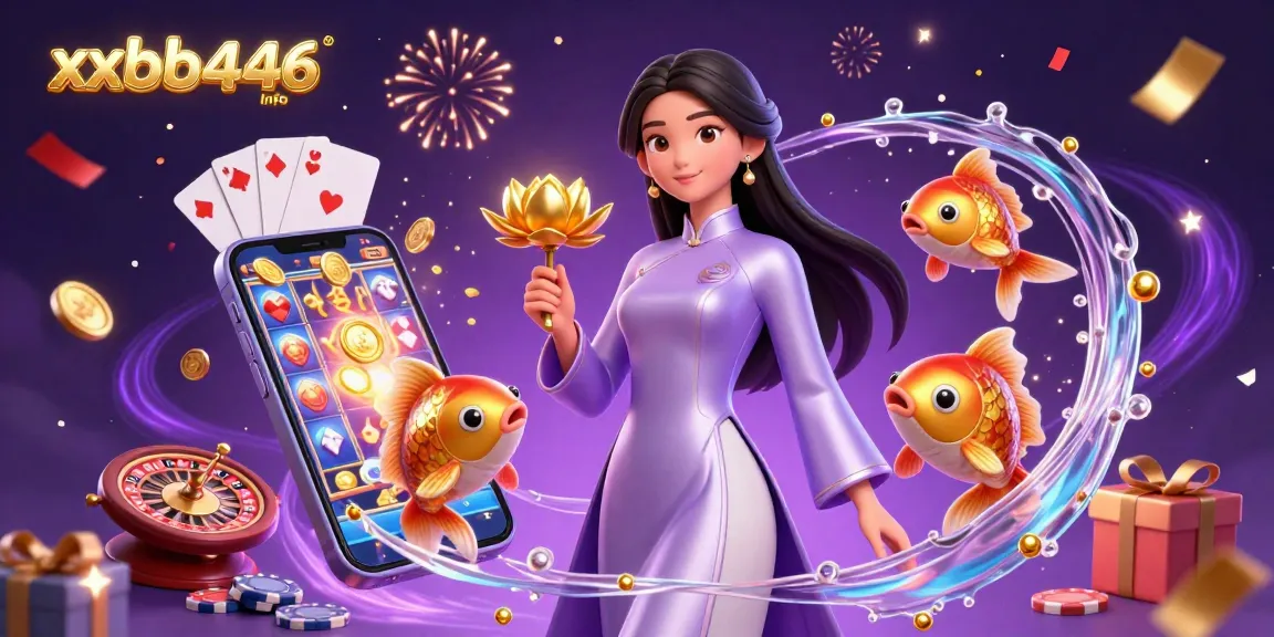 Experience the thrill at xxbb446 info with a vibrant illustration of online gambling featuring slots and koi fish.