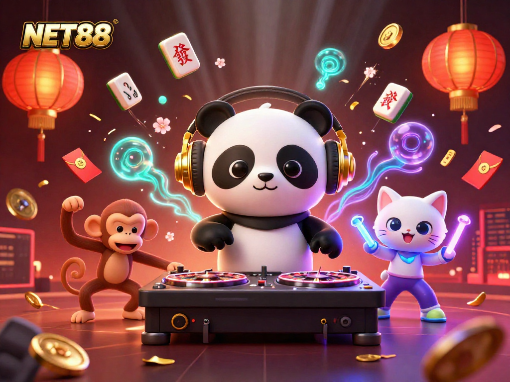 Spin and win at NET88 with vibrant animated characters in a dynamic casino scene.