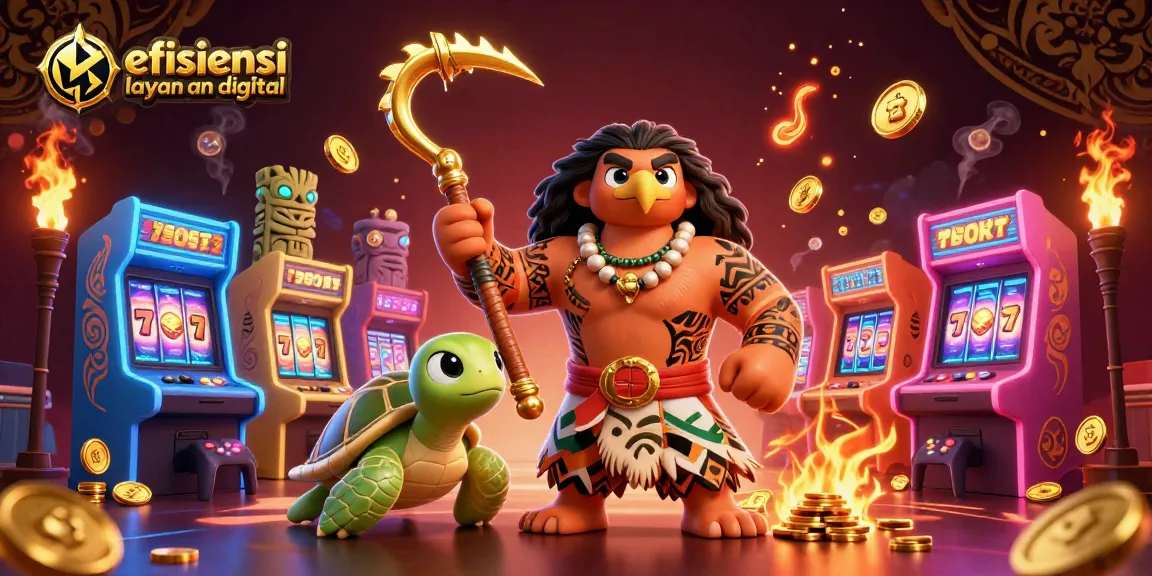 Experience efisiensi layanan digital in a vibrant 3D casino scene featuring a Polynesian demigod and colorful game elements.