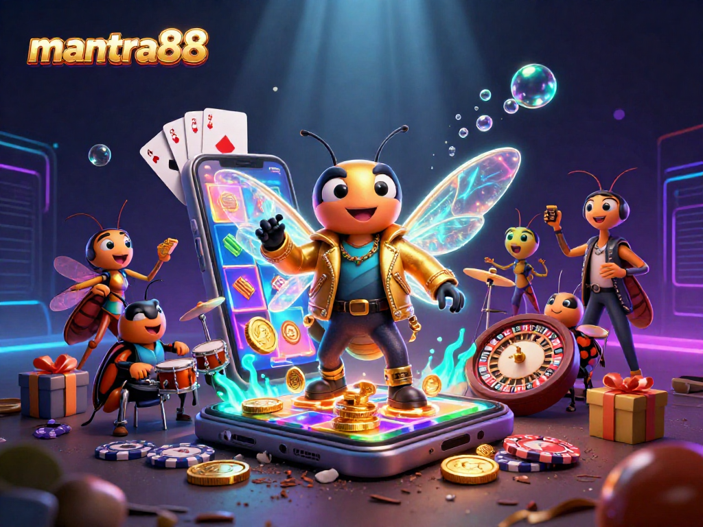 Experience the thrill of mantra88's slots with a 3D cartoon rock star and exciting game elements.