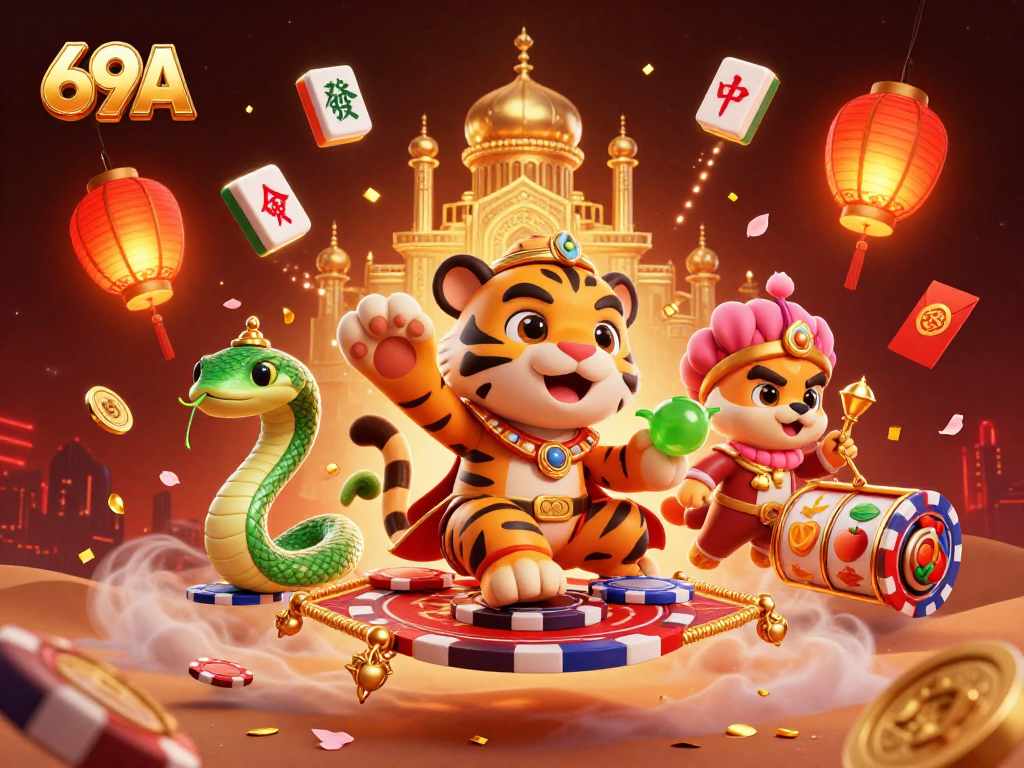 Aumente suas chances com 69A em um espetáculo de cassino repleto de slots e símbolos aventureiros.
