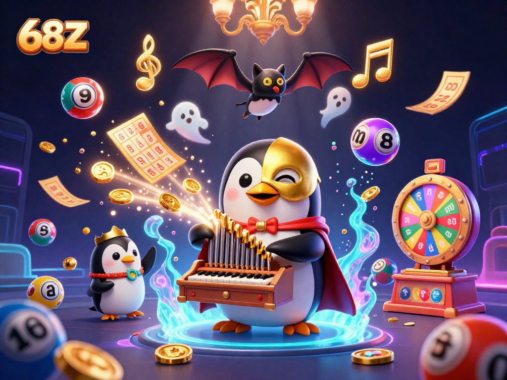 Jogando no emocionante 68Z, um pinguim fantasma em cena animada com notas musicais.