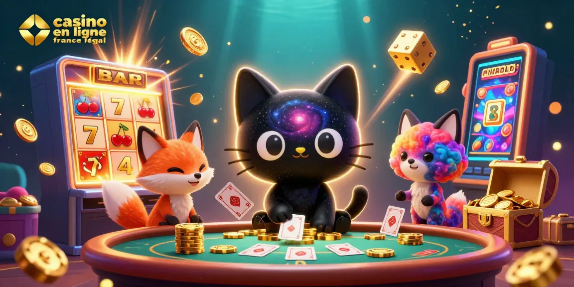 Illustration d'un casino en ligne légal en France avec un chat noir gravitationnel et une renarde nébuleuse, illustrant des jeux.