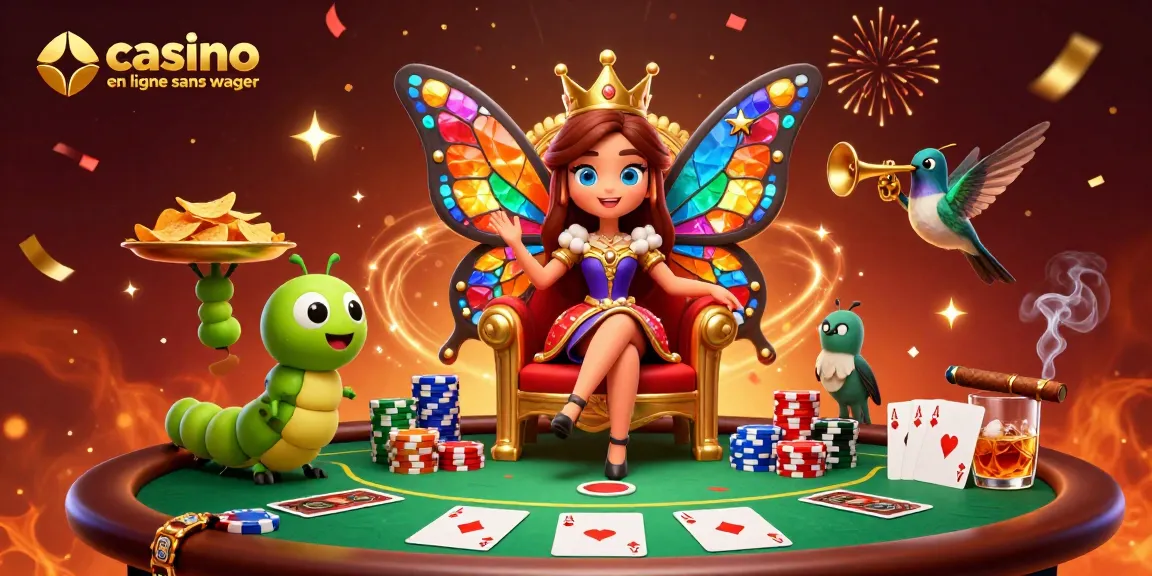 Une illustration 3D représentant un casino en ligne sans wager avec une reine papillon et des éléments de poker colorés.