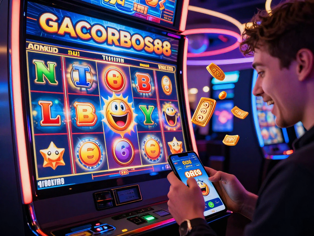 Engaging scene of a player enjoying gacor online slots on GACORBOS88, surrounded by vibrant animations and bright visuals.
