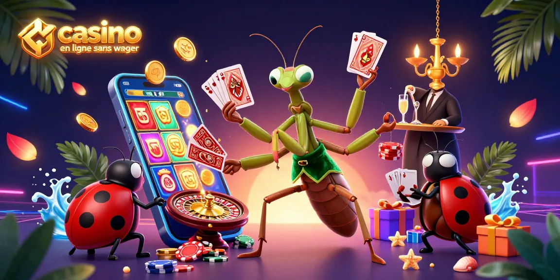 Un montage dynamique de casino en ligne sans wager où une mante religieuse distribue des cartes et une coccinelle surveille le jeu.
