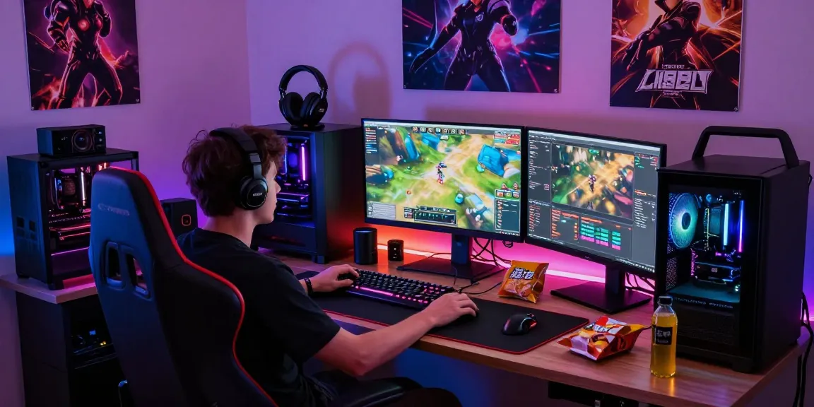 Engaged gamer in a vibrant gaming setup showcasing a tashan gaming experience with high-end PC and colorful LED lights.