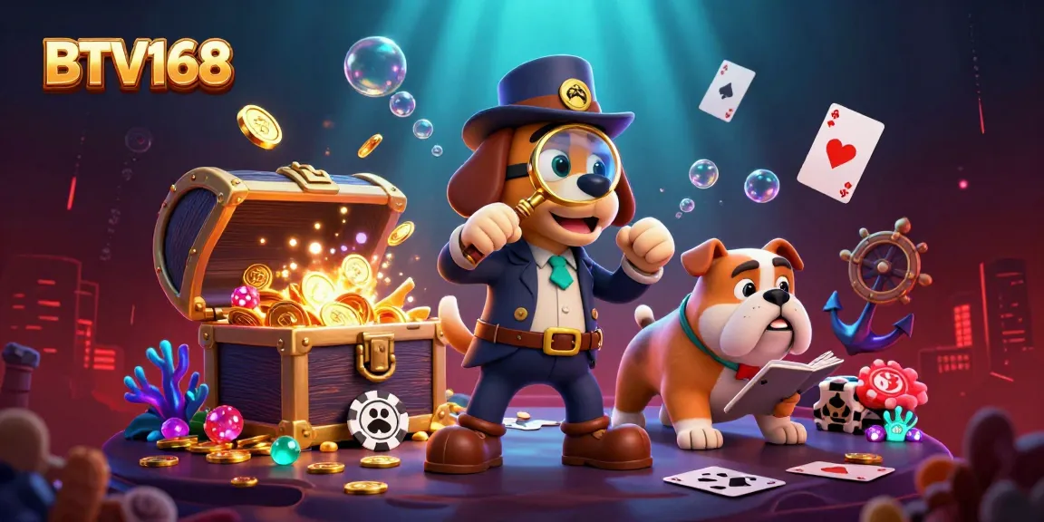 BTV168 showcases a bloodhound detective and bulldog in a vibrant casino treasure scene with poker chips.