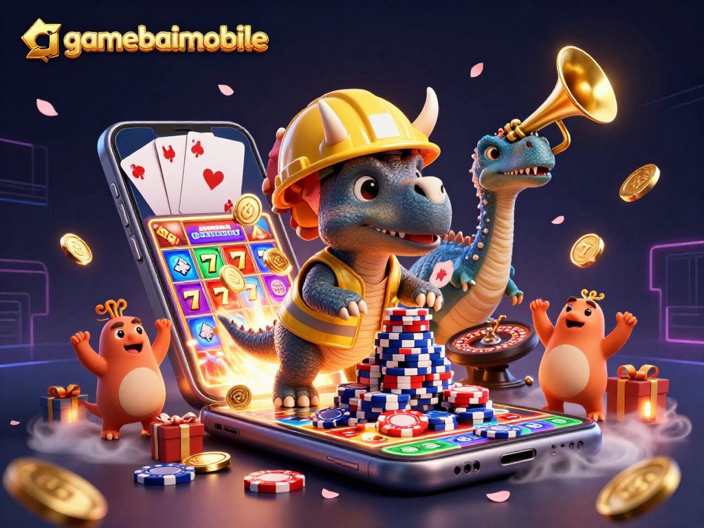 Gamebaimobile features a 3D cartoon triceratops building poker chips, celebrating with a parasaurolophus.