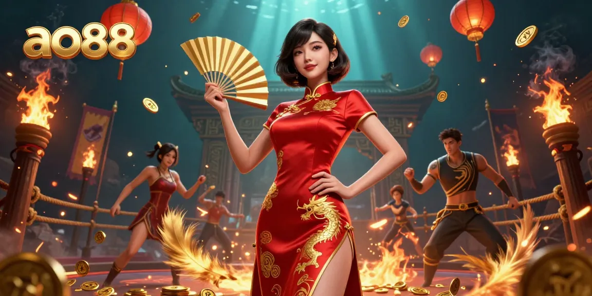 Experience the thrill of ao88 with a dynamic scene featuring an elegant Asian woman amid gambling elements.