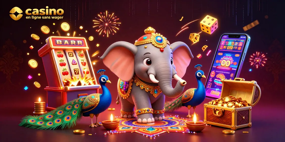 Visualisez l'animation d'un casino en ligne sans wager avec un éléphant festif et un paon coloré.