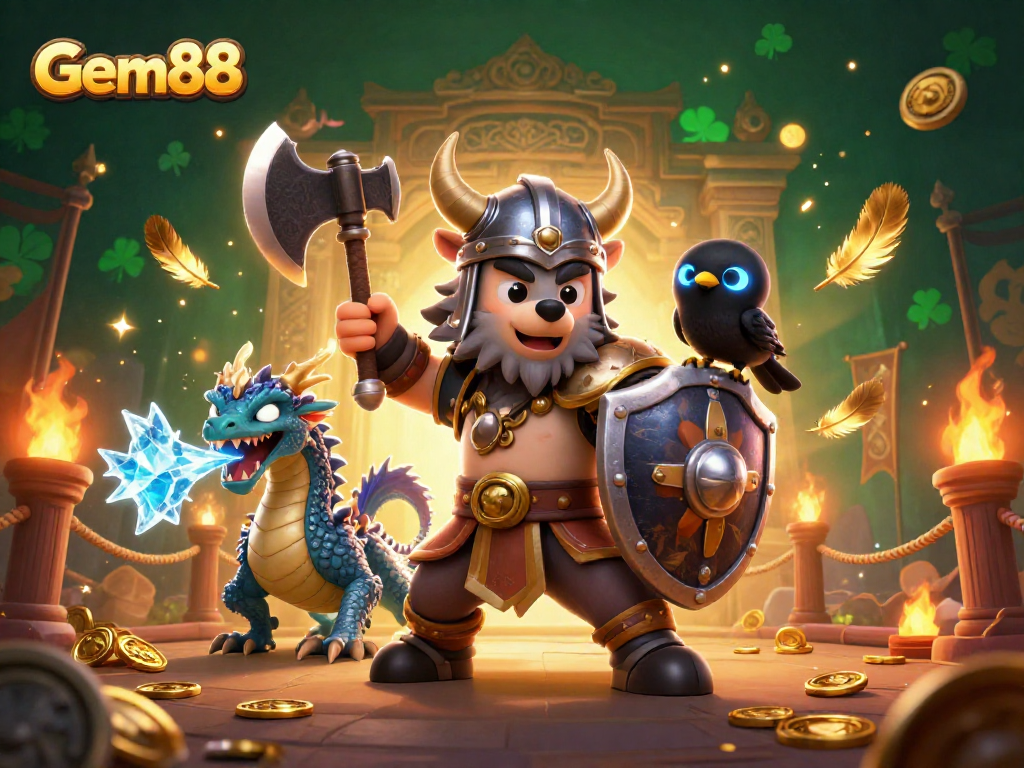 Engage in thrilling gameplay with Gem88 as Viking warrior battles alongside a fierce dragon and raven.